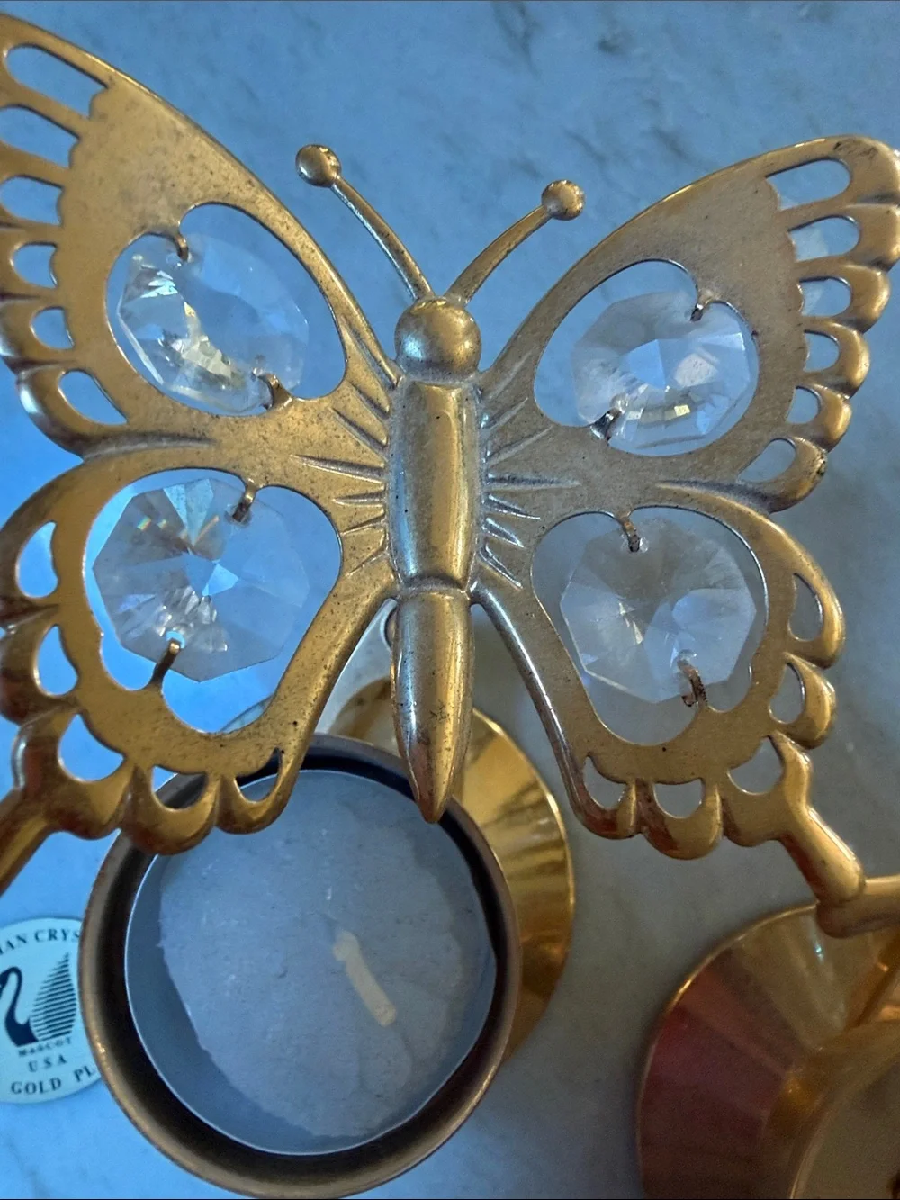 Gold Butterfly Tea Light Holders with Crystal Accents,vintage 24k gold plated,2